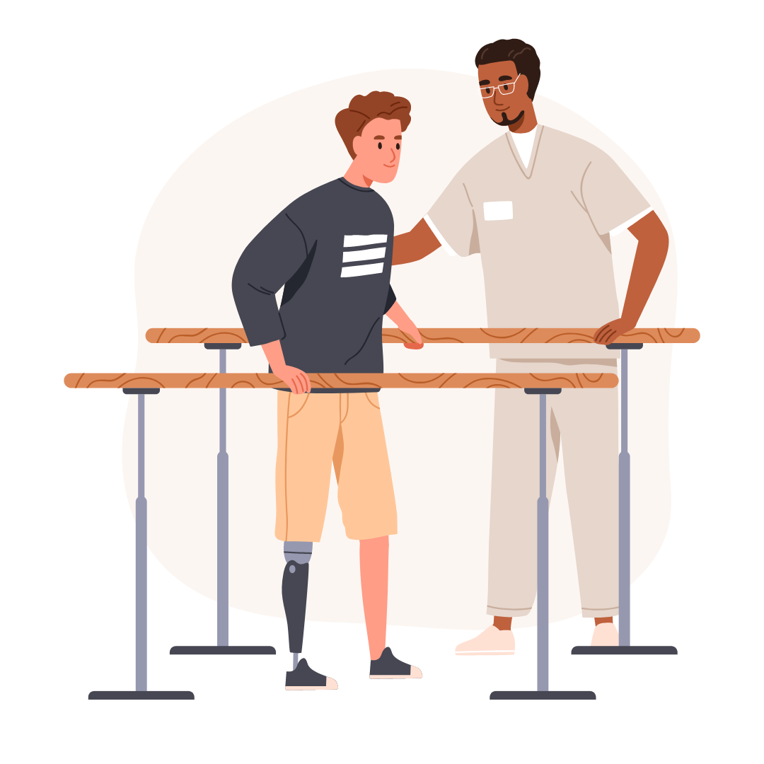 Rehabilitation nach Amputation Mann mit Beinprothese trainiert unter Anleitung eines Physiotherapeuten