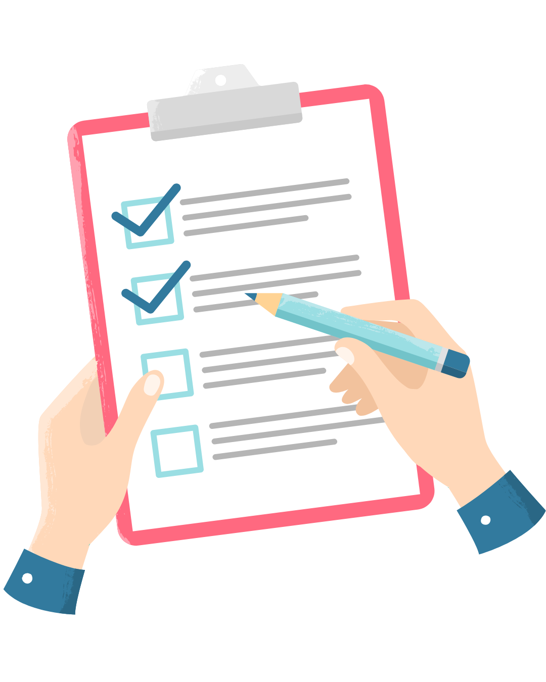 Wann zur Physiotherapie? Checkliste zur ersten Einschätzung Checkliste zur Selbsteinschätzung bei Schmerzen – Illustration mit Stift und Klemmbrett